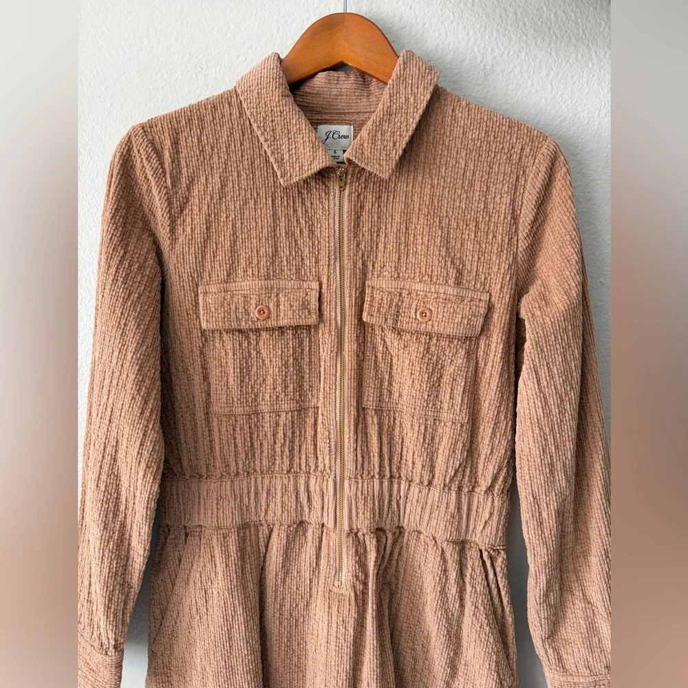 J. Crew Zip Front Cinched Waist Textured Corduroy Dress Pale Mocha Women Size 6